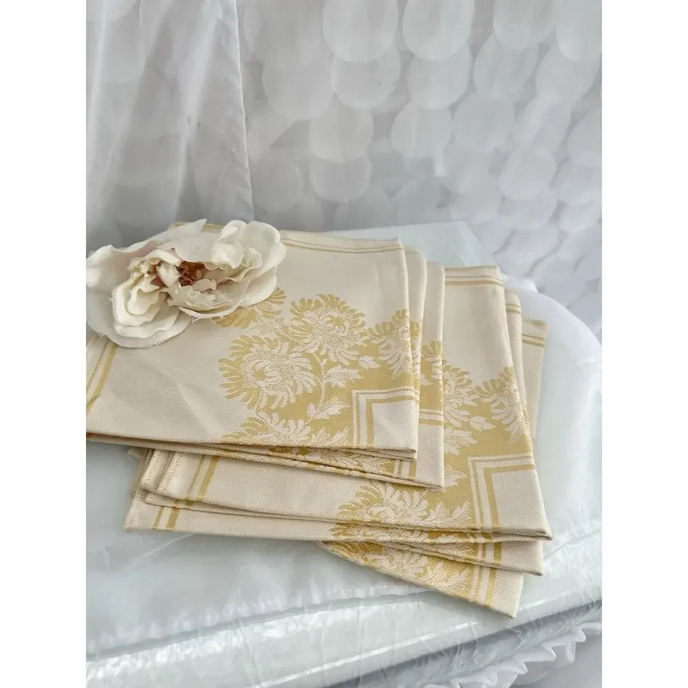 Vintage MCM Double Damask Yellow Napkins Chrysanthemums Floral Set Of 8